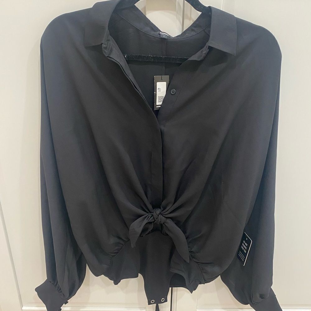 Black Long Sleeve Tie Front Blouse